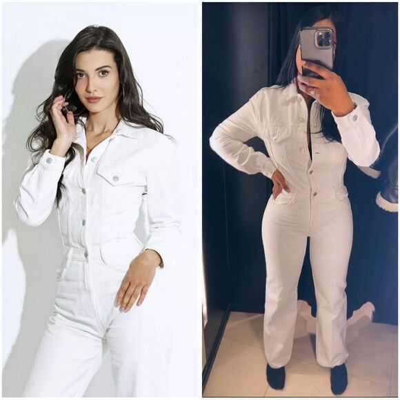 NWT ZARA WOMEN TRF WIDE-LEG DENIM JUMPSUIT OYSTER WHITE BLOGGERS - Picture 1 of 7